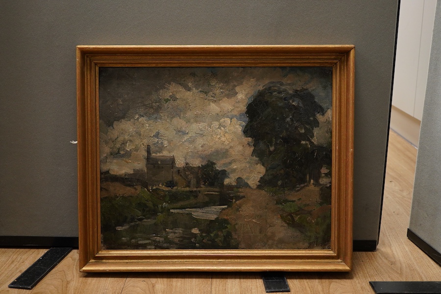 Attributed to Alfred John Gibson, landscape with a mill, 747NR stencil verso, unsigned, oil on canvas, 39 x 49cm